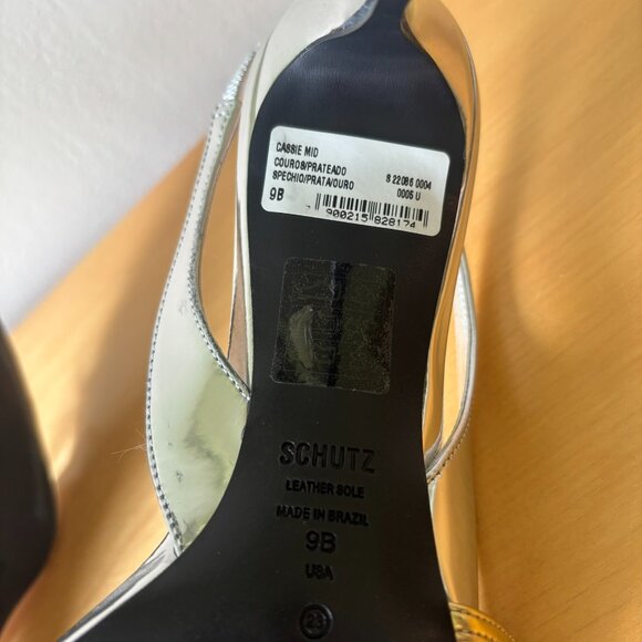 Schutz Cassie Mid Stiletto Heel Sling Back Sandal Silver & Gold Metallic - Picture 5 of 6